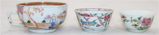 A group of Chinese export polychrome porcelain teabowls, four saucers and a cup, Qianlong period, the cup 8.6cm diameter